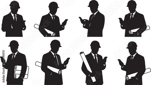 Black Solid Architect Blueprint Smartphone Silhouettes Set of Six on White Background