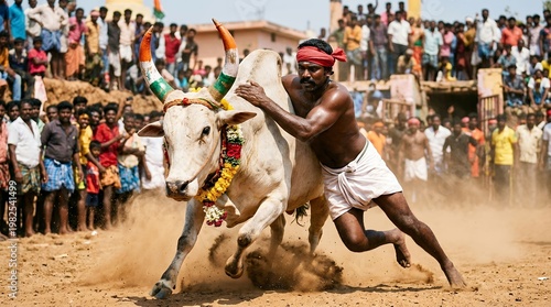 Traditional Bull Taming Event with Competitor Holding Bull in Rural Festival Crowd