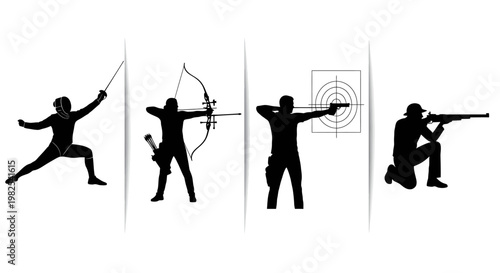 Silhouette of people shooting with bow and arrow rifle and gun at target various poses