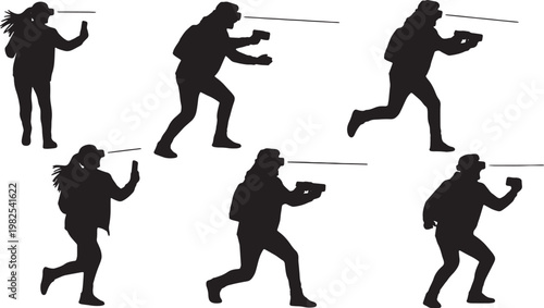 Black Solid AR Laser Tag Park Gaming Silhouettes Set of Six on White Background