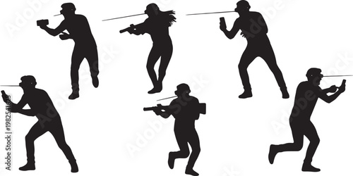 Black Solid AR Laser Tag Park Gaming Silhouettes Set of Six on White Background
