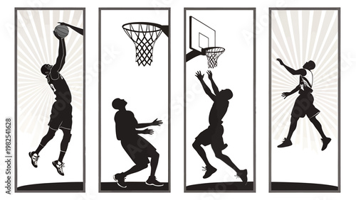 Four black silhouette basketball players in action with hoop on white background with rays