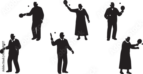 Black Solid AR Ping Pong Elderly Therapy Silhouettes Set of Six on White Background