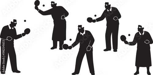 Black Solid AR Ping Pong Elderly Therapy Silhouettes Set of Six on White Background