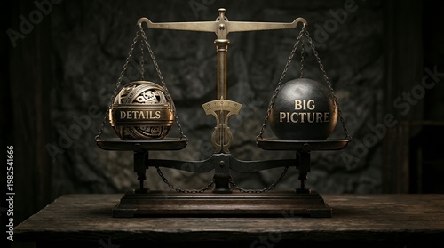 Vintage balance scale weighing intricate details against big picture concept