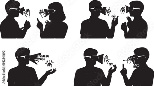 Black Solid AR Sign Language Translation Silhouettes Set of Six on White Background