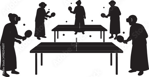 Black Solid AR Ping Pong Elderly Therapy Silhouettes Set of Six on White Background