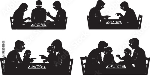 Black Solid AR Smart Glasses Family Boardgame Silhouettes Set of Six on White Background
