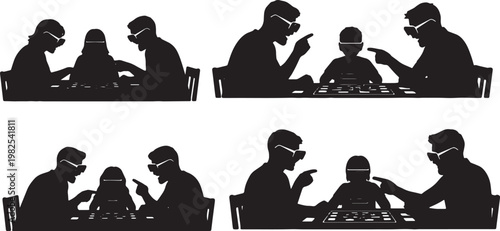 Black Solid AR Smart Glasses Family Boardgame Silhouettes Set of Six on White Background