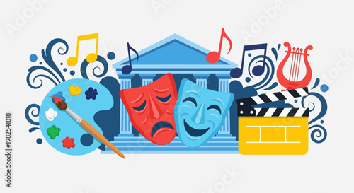 Colorful symbols of art including comedy tragedy masks and brushes