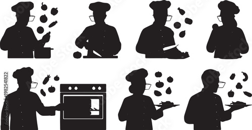 Black Solid AR Smart Glasses Chef Cooking Silhouettes Set of Six on White Background