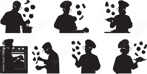 Black Solid AR Smart Glasses Chef Cooking Silhouettes Set of Six on White Background