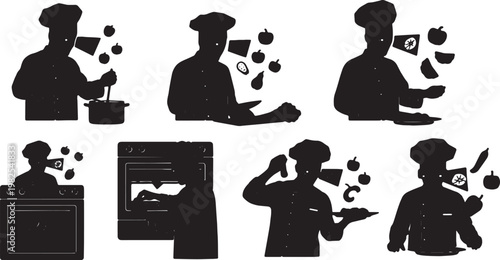 Black Solid AR Smart Glasses Chef Cooking Silhouettes Set of Six on White Background