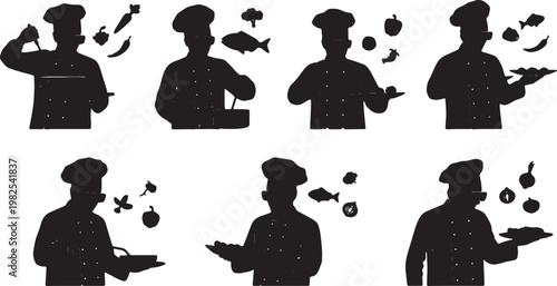 Black Solid AR Smart Glasses Chef Cooking Silhouettes Set of Six on White Background