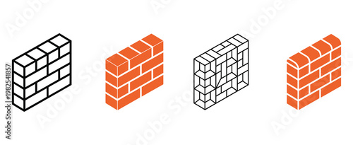 Brick wall icon vector, construction symbol for masonry work, home building, and architectural structure set, detailed flat and line vector icons perfect for real estate