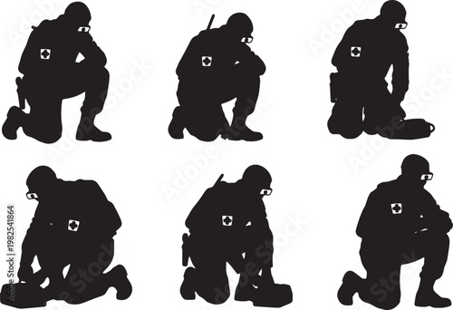 Black Solid AR Smart Glasses Combat Medic Silhouettes Set of Six on White Background