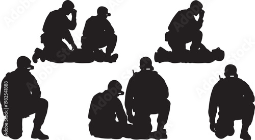 Black Solid AR Smart Glasses Combat Medic Silhouettes Set of Six on White Background