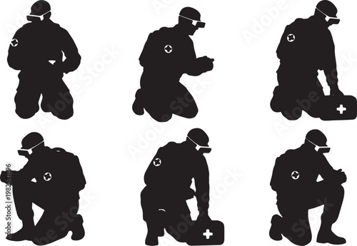 Black Solid AR Smart Glasses Combat Medic Silhouettes Set of Six on White Background