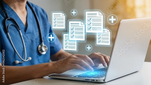 Healthcare professional managing digital medical records on laptop. Electronic health information system concept.