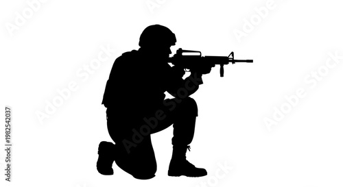 Silhouette of Soldier Crouching with Rifle on White Background