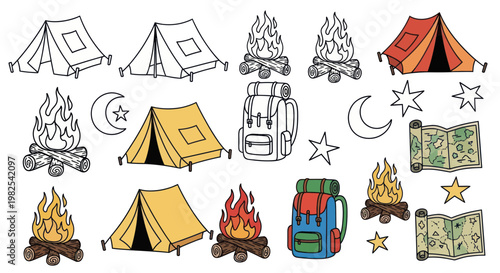 Camping Elements Collection: Tents, Campfires, Backpacks, Moon, Stars, Maps