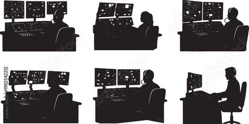 Black Solid Indoor Broadcast Control Operator Silhouettes Set of Six on White Background