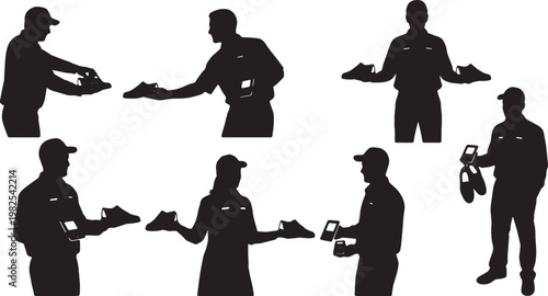Black Solid Indoor Bowling Shoe Attendant Silhouettes Set of Six on White Background