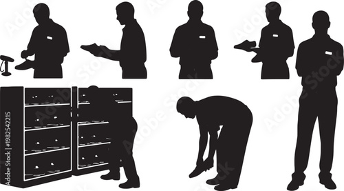 Black Solid Indoor Bowling Shoe Attendant Silhouettes Set of Six on White Background