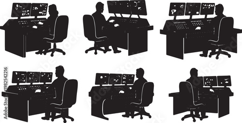 Black Solid Indoor Broadcast Control Operator Silhouettes Set of Six on White Background