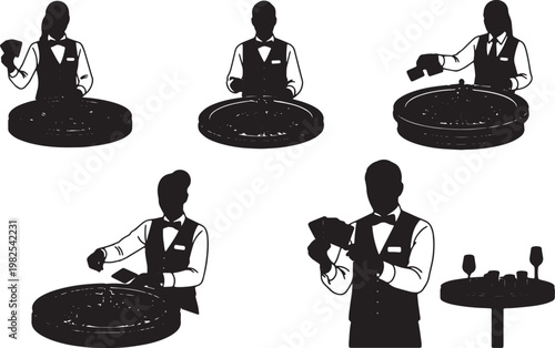 Black Solid Indoor Casino Card Dealer Silhouettes Set of Six on White Background