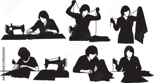 Black Solid Indoor Clothing Seamstress Silhouettes Set of Six on White Background