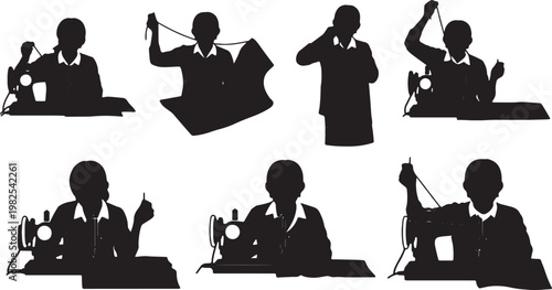 Black Solid Indoor Clothing Seamstress Silhouettes Set of Six on White Background
