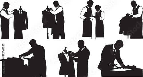 Black Solid Indoor Clothing Tailor Silhouettes Set of Six on White Background