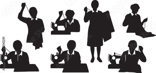 Black Solid Indoor Clothing Seamstress Silhouettes Set of Six on White Background