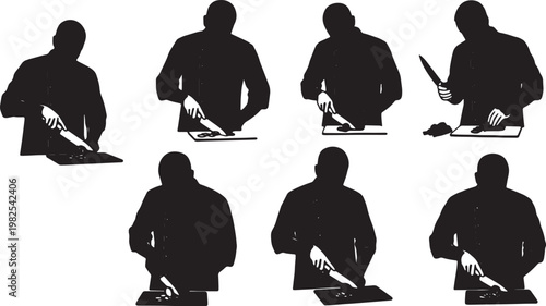 Black Solid Indoor Culinary School Instructor Silhouettes Set of Six on White Background