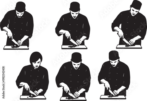 Black Solid Indoor Culinary School Instructor Silhouettes Set of Six on White Background