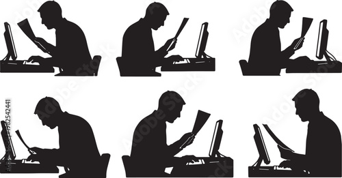 Black Solid Indoor Data Entry Clerk Silhouettes Set of Six on White Background