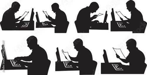 Black Solid Indoor Data Entry Clerk Silhouettes Set of Six on White Background
