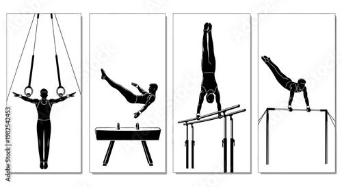 Black silhouettes of gymnasts performing on various apparatus like rings beam and vault in different poses and exercises