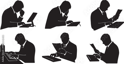 Black Solid Indoor Data Entry Clerk Silhouettes Set of Six on White Background
