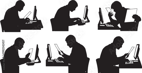 Black Solid Indoor Data Entry Clerk Silhouettes Set of Six on White Background