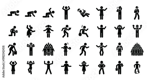 Diverse collection of black stick figure icons showing various human emotions and different daily life activities