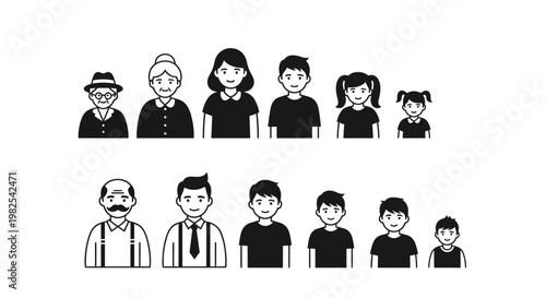 Diverse group of family members including parents and children presented as simple flat black vector icons