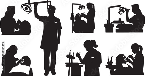Black Solid Indoor Dental Hygienist Silhouettes Set of Six on White Background