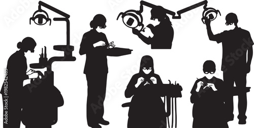 Black Solid Indoor Dental Hygienist Silhouettes Set of Six on White Background