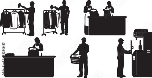 Black Solid Indoor Dry Cleaning Staff Silhouettes Set of Six on White Background