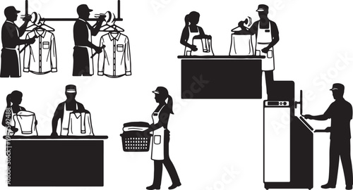 Black Solid Indoor Dry Cleaning Staff Silhouettes Set of Six on White Background
