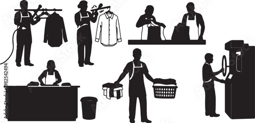 Black Solid Indoor Dry Cleaning Staff Silhouettes Set of Six on White Background