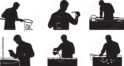 Black Solid Indoor Fish Hatchery Technician Silhouettes Set of Six on White Background