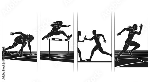Black silhouettes of athletes running and jumping hurdles on track
